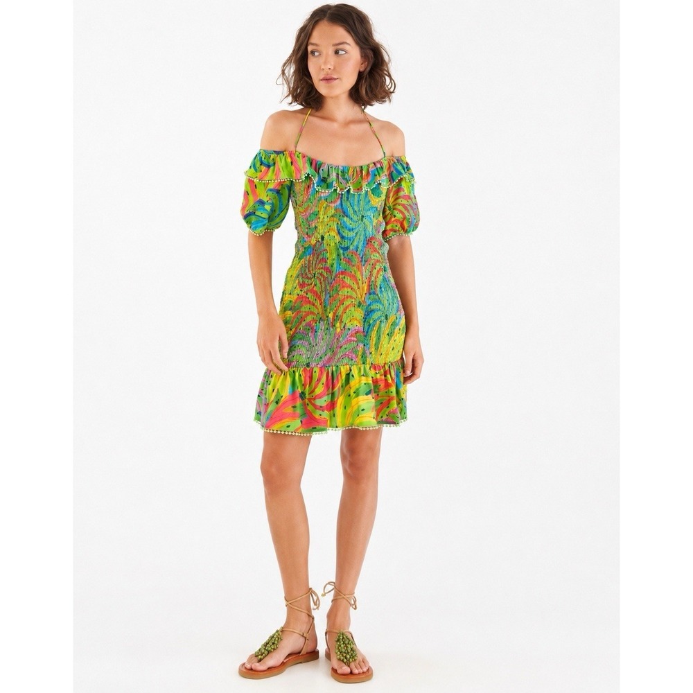 FARM Rio Neon Banana Print Off Shoulder Puff Sleeve Smocked Mini Dress XS - Picture 2 of 9